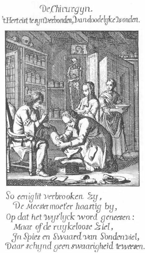 Een oude afbeelding waarin een 'heelmeester' probeert een gebroken been te 'repareren'.